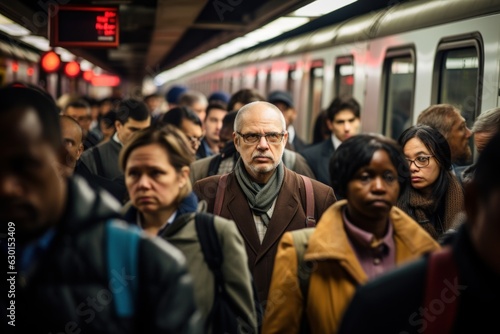 a big crowd of people in the new york subway metro in rush hour on their way home driving with trains. in the evening after work day. everybody is tired. Generative AI
