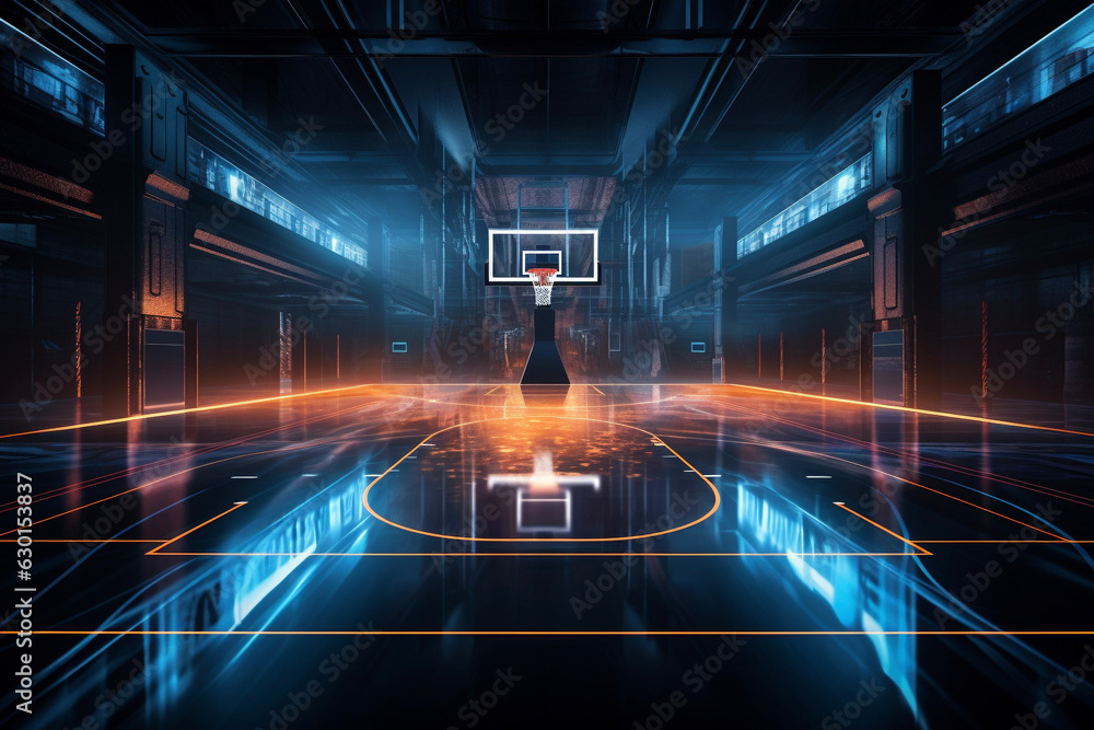 Obraz premium Basketball Court Hologram Lights Futuristic Technology