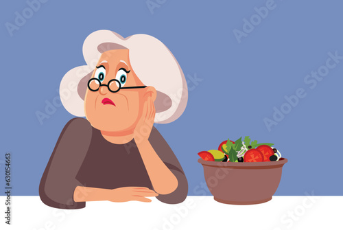 Unhappy Elderly Woman Not Eating Having No Appetite vector Illustration. Sad upset granny trying to lose some weight feeling depressed 
