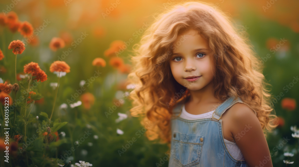 Cute happy little girl of 4 years in sunset light. Blooming spring meadow. Field of summer flowers Cute happy little girl of 4 years in sunset light. Blooming spring meadow. Field of summer flowers