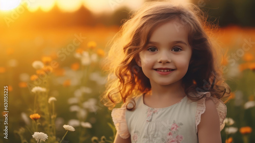 Cute happy little girl of 4 years in sunset light. Blooming spring meadow. Field of summer flowers
