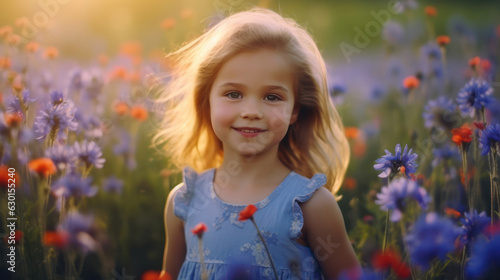Cute happy little girl of 4 years in sunset light. Blooming spring meadow. Field of summer flowers © tashechka