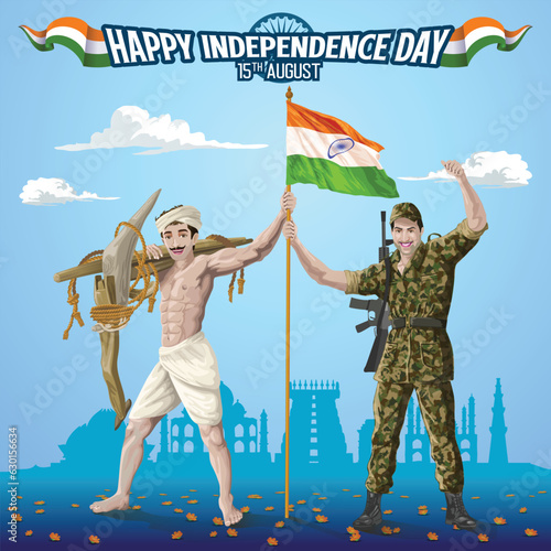 Indian Soldier and Farmer holding National Flag together with Independence day wishes