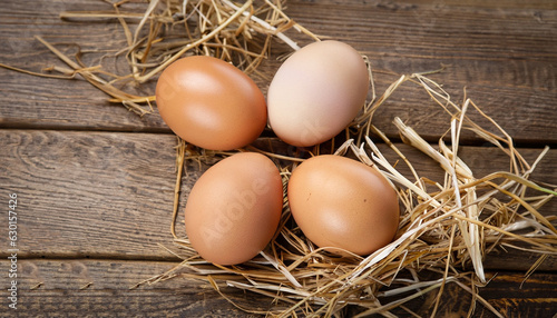 Three eggs in straw on wooden background.