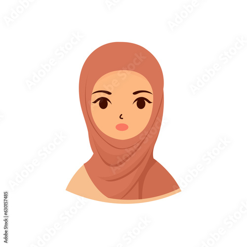 hijab muslim woman with wow surprise face expression vector flat illustration. girl wearing scarf veil islamic modern outfit fashion character design.
