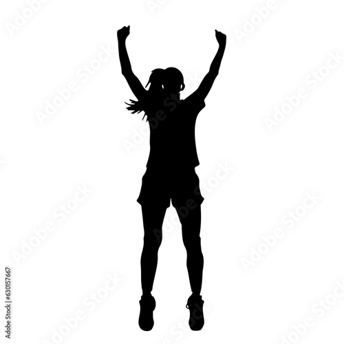 Female soccer player silhouette, celebrating goal, on knees with arms in the air, black on white
