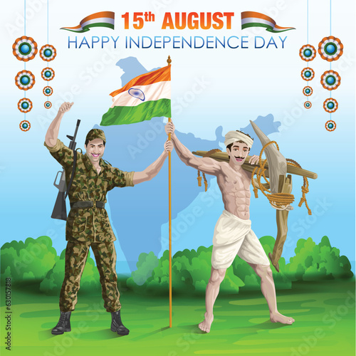 Indian Soldier and Farmer with National Flag in front of India Background