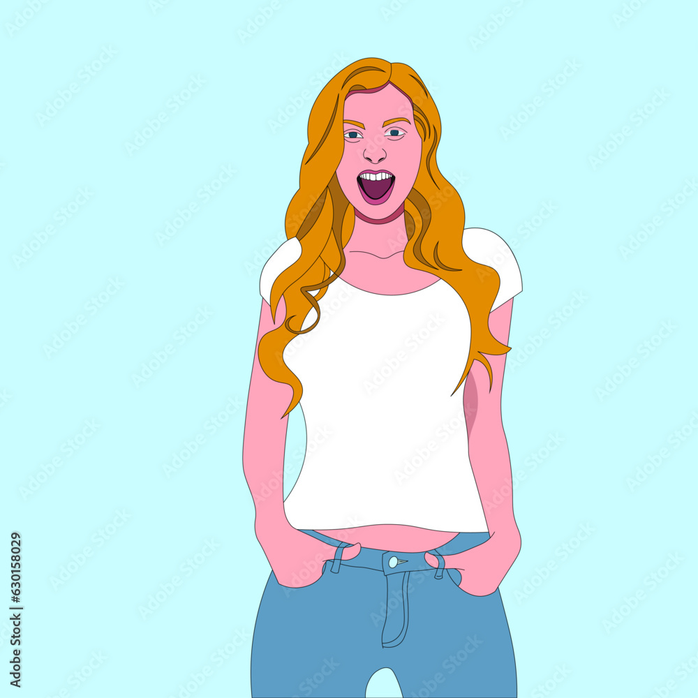 Hot girl laughing, wearing stylish vest and jeans Hot girl laughing, wearing stylish vest and jeans