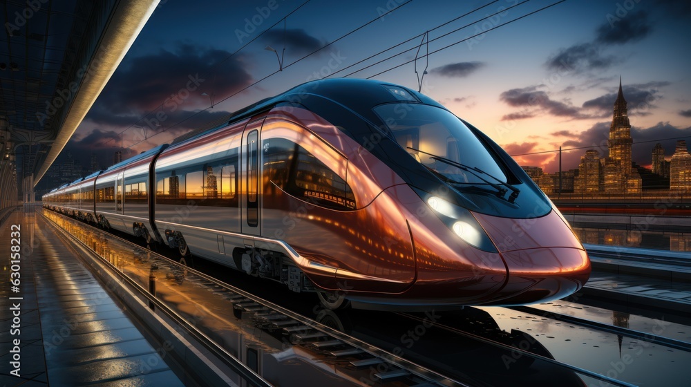 High-speed trains at the station and the city blurred in the background. High resolution, high-quality pictures, travel, light, colorful, fast travel, on time, technology.