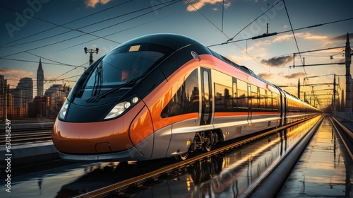 High-speed trains at the station and the city blurred in the background. High resolution, high-quality pictures, travel, light, colorful, fast travel, on time, technology.
