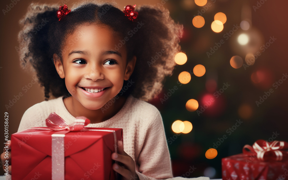 Black african american dark-skinned happy little smiling girl with Christmas gift box at home. Holidays and celebration concept.