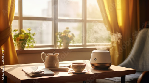 An elegantly placed humidifier on the table by the window in the morning