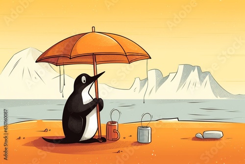 cartoon of a penguin in the desert, global warming rising temperatures concept, planet heating, save the wildlife, melting of the poles