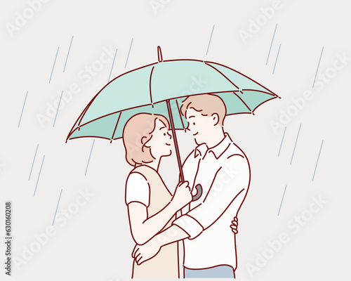 couple in love standing in the rain under an umbrella. Hand drawn style vector design illustrations.