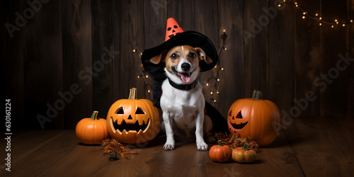 Jack Russel in halloween outfit against a wooden background, wearing a wizards hat with large carved jack-o lanterns in the foreground, fairy lights, with his tongue out 