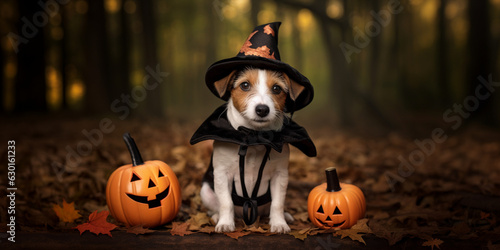 Halloween themed illustration of a jack Russel dog that looks like a fox wearing an orange cape, in the forest during fall with autumn leaves 