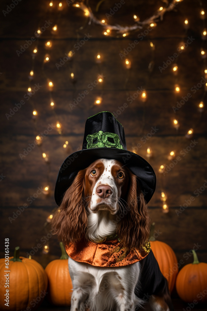 welsh springer spaniel Dog in Halloween costume themed illustration