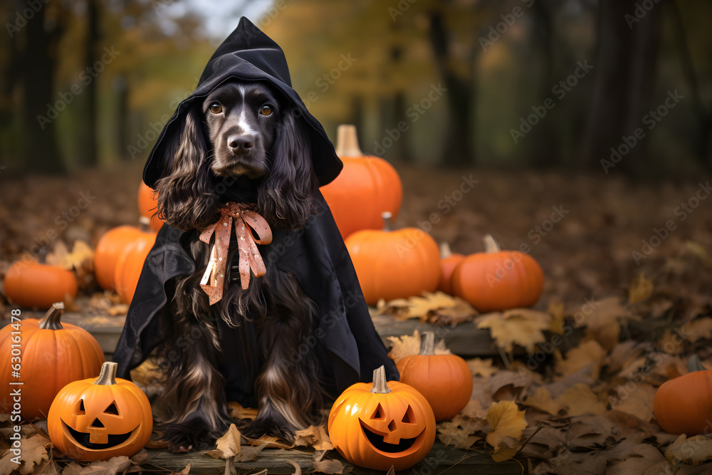 cocker spaniel dog  in Halloween costume themed illustration