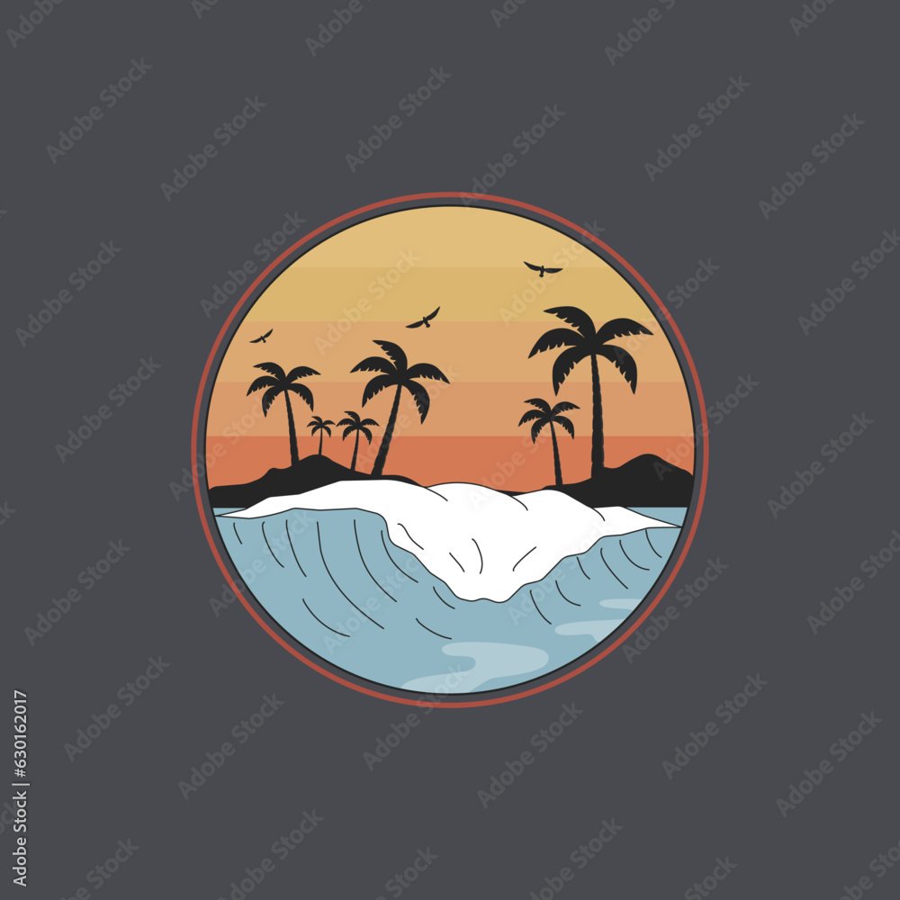 illustration of a person, Patch with a picture of the sea, waves and palm trees in the sunset sky. Retro hand-drawn vector. For prints on T-shirts, posters and other purposes.