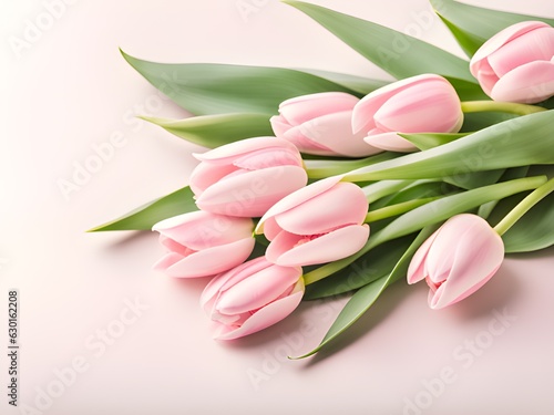 Bouquet pink tulips on a pink background.Top view