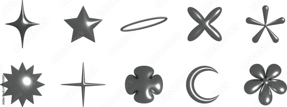 Vector Set of Different Y2K 3D Icons. Collection of 3D Symbols. Design on White Background. Vector Set of Different Y2K 3D Icons. Collection of 3D Symbols. Design on White Background.