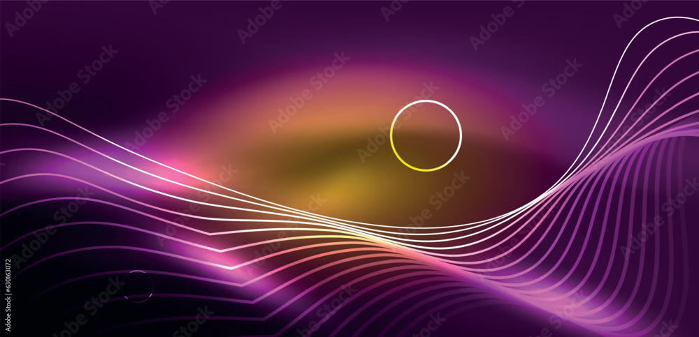 Neon lines and waves abstract background. Techno glowing neon shapes vector illustration for wallpaper, banner, background, landing page, wall art, invitation, prints, posters
