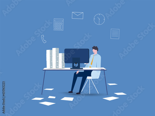 Busy time of businessman in hard working. A lot of work. Vector illustration.