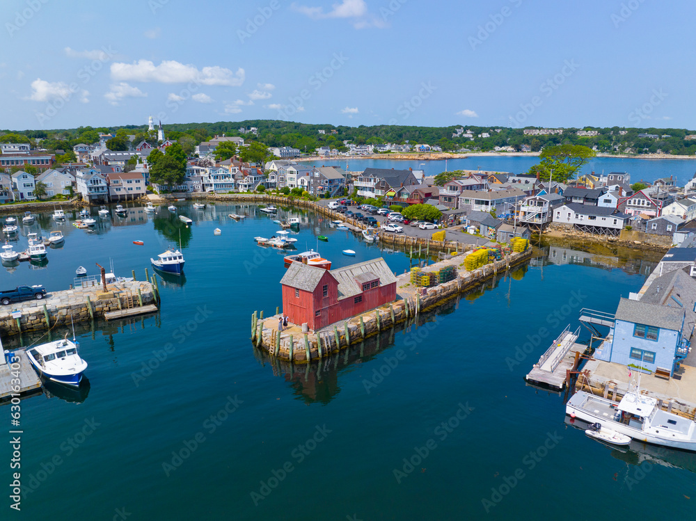 Rockport Harbor aerial view including Bearskin Neck and Motif Number 1 building in historic waterfront village of Rockport, Massachusetts MA, USA. 
