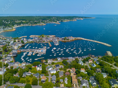 Quadro em tela Rockport Harbor aerial view including Bearskin Neck and Motif Number 1 building in historic waterfront village of Rockport, Massachusetts MA, USA
