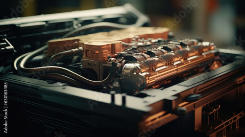 Close-up of a car battery in the engine compartment