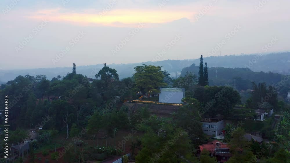Misty Atmosphere Over Bandung Town With Tropical Nature Landscape In Bandung, West  Java, Indonesia. Aerial Drone Shot
