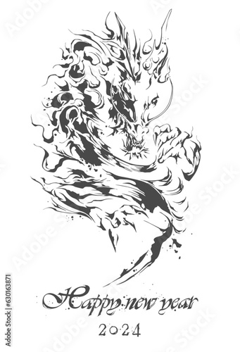 年賀状, 辰年, 辰, 2024, 龍, ベクター, ドラゴン, 筆書き, 筆, 手書き, 墨, イラスト, 