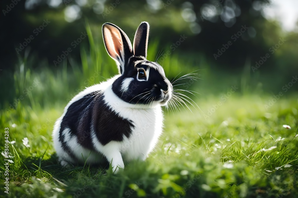 white and black rabbit on the grass generated by AI tool white and black rabbit on the grass generated by AI tool