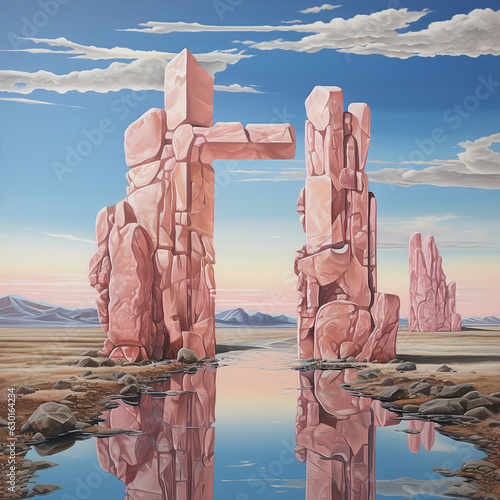 surrealist pink desert painting with reflective pool of water and blue sky, pink rock formations, generative ai