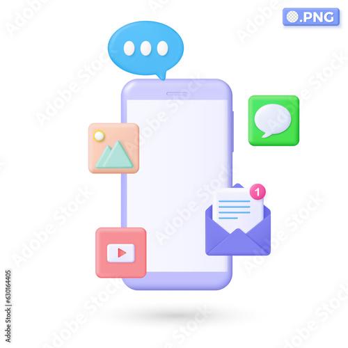Smartphone and Applications icon symbols. Multimedia, chat, Marketing planning, photo, reminder letter online email concept. 3D vector isolated illustration design. Cartoon pastel Minimal style.