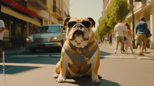 A bulldog wearing cool sunglasses and carrying a tiny backpack as it explores the streets during the early hours