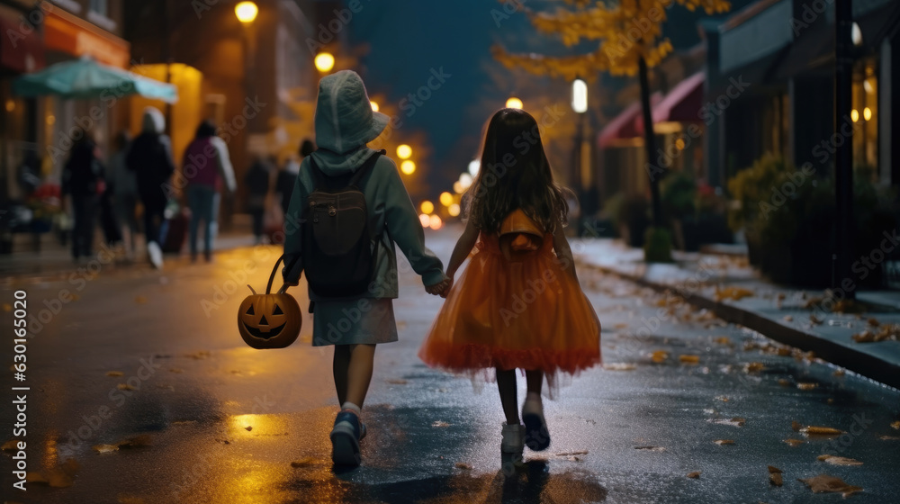 Obraz premium Children adorned in captivating Halloween costumes, walking together on the streets