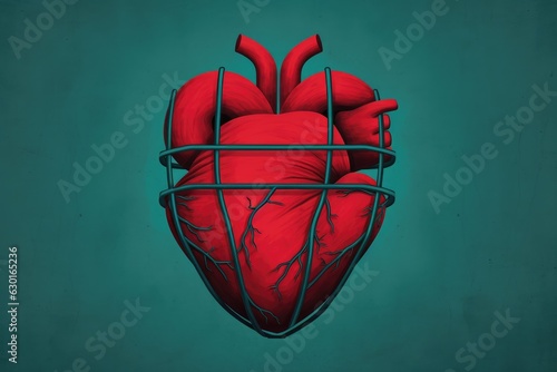 Heart encased in a cage ,a minimalist illustration concept. Generative AI