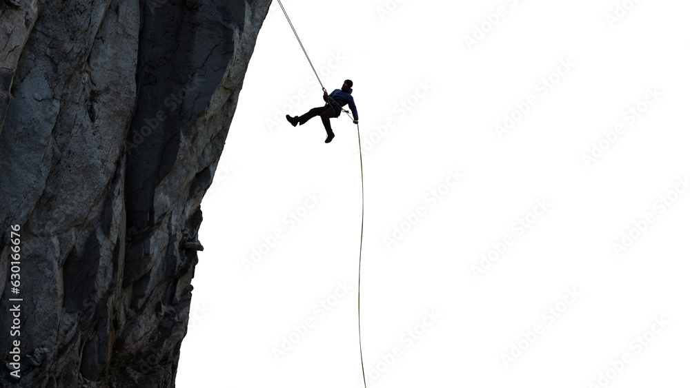 Adventure man rappel down a mountain cliff. PNG cutout. 3d rendering ...