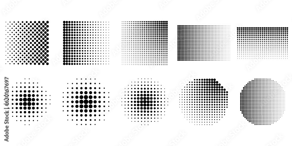 Halftone dot shape. Circle round rectangle dotted texture, radial geometric dots pattern and halftone dotted decor vector set
