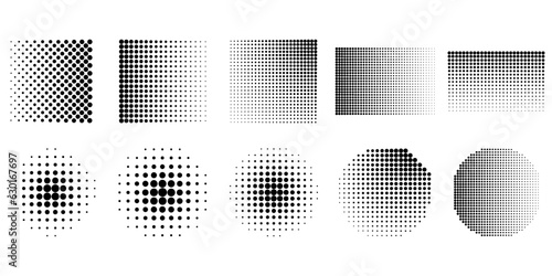Halftone dot shape. Circle round rectangle dotted texture, radial geometric dots pattern and halftone dotted decor vector set