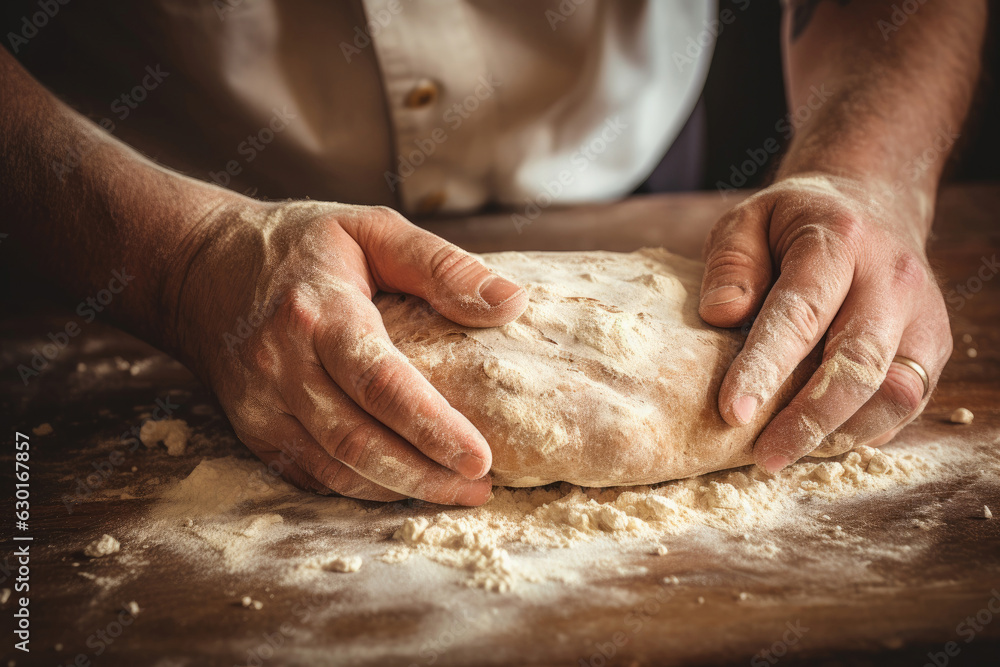 Close-up of chefs hands on dough preparing to bake bread
