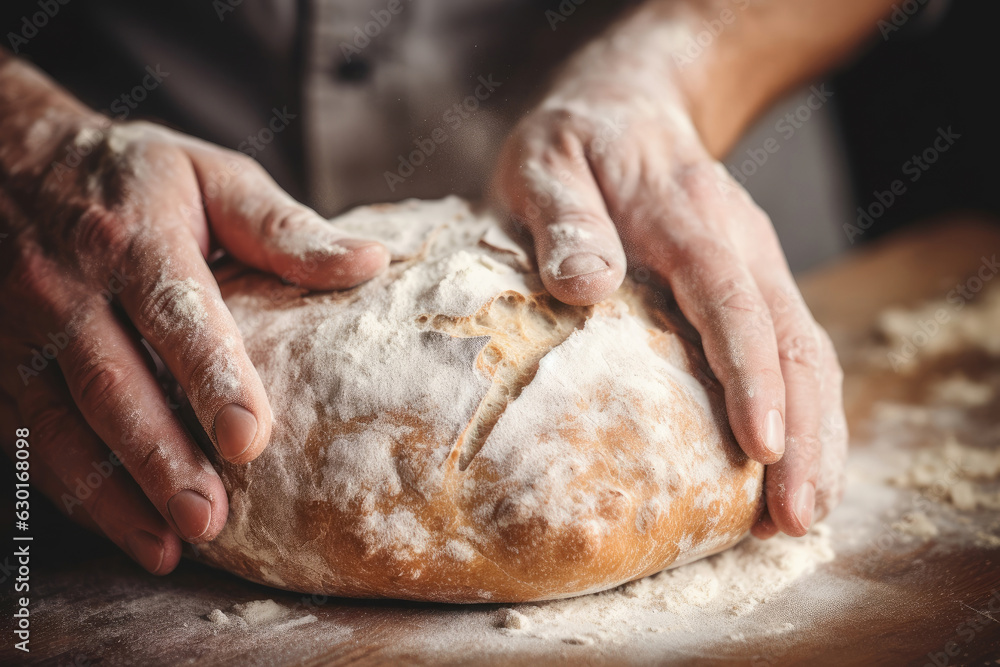 Close-up of chefs hands freshly baked bread