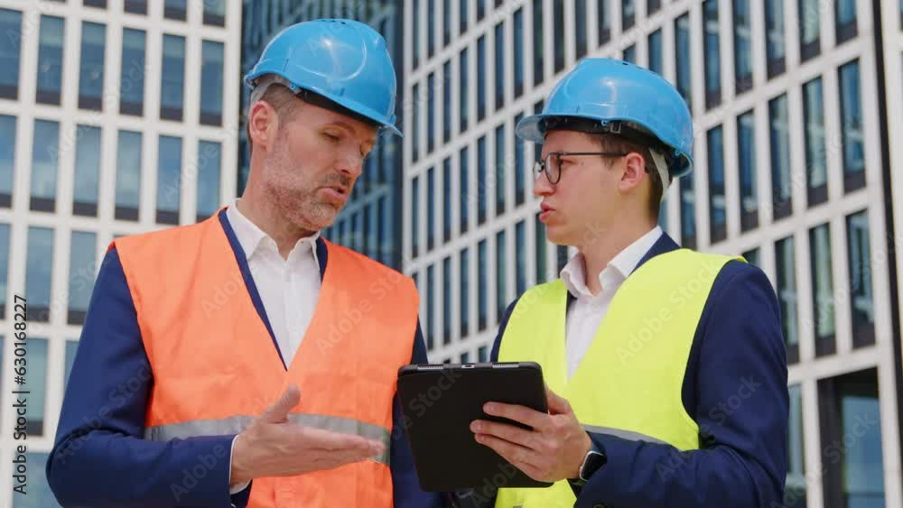 Woman and man engineers in safety vests and helmets are talking about the construction progress while checking schedule on the tablet Woman and man engineers in safety vests and helmets are talking about the construction progress while checking schedule on the tablet
