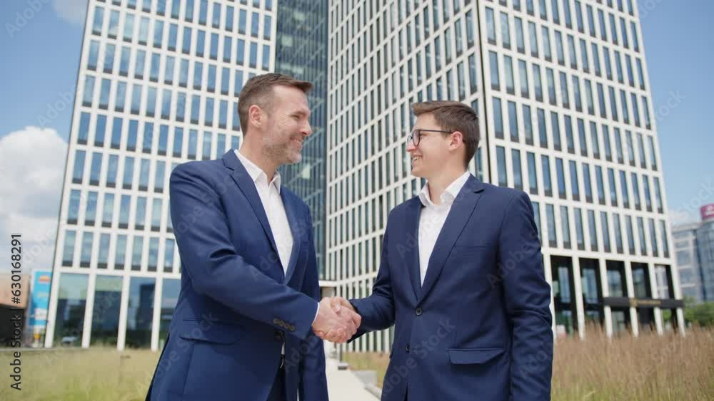 Two successful businessmen in blue suits shake hands and look into the camera medium shot in front of an office building Two successful businessmen in blue suits shake hands and look into the camera medium shot in front of an office building