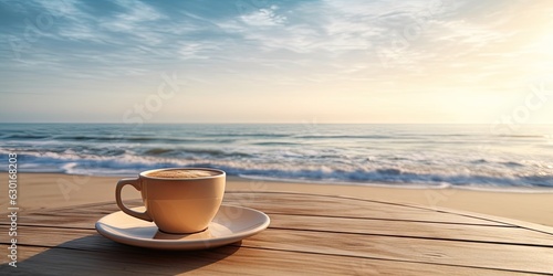 Coffee in white cup on wooden table on beach, blurred background