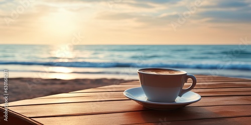 Coffee in white cup on wooden table on beach, blurred background