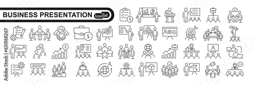 Business presentation line icons set. Presentation, business, seminar, partnership, goals, meeting, whiteboard, conference and business plan icons. Vector illustration