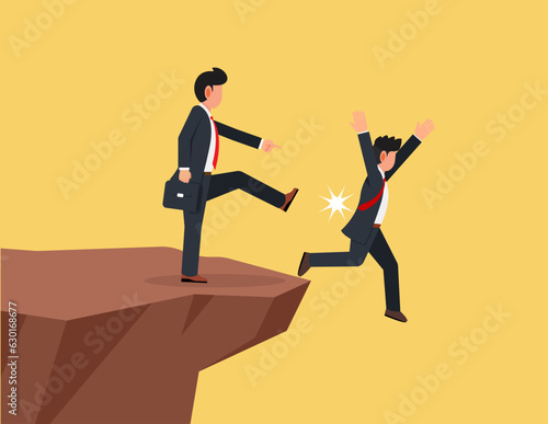 Betrayal or jealousy colleague, Business dishonesty.  businessman kick business partner fall off the cliff.