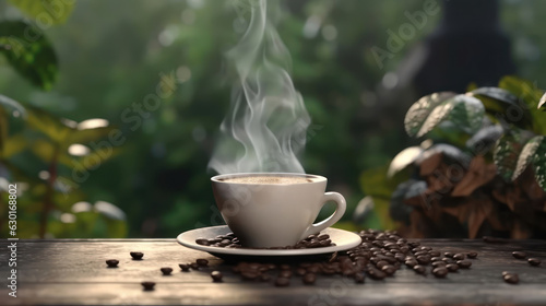 Cup of coffee with smoke and coffee beans on wooden table with coffee garden background